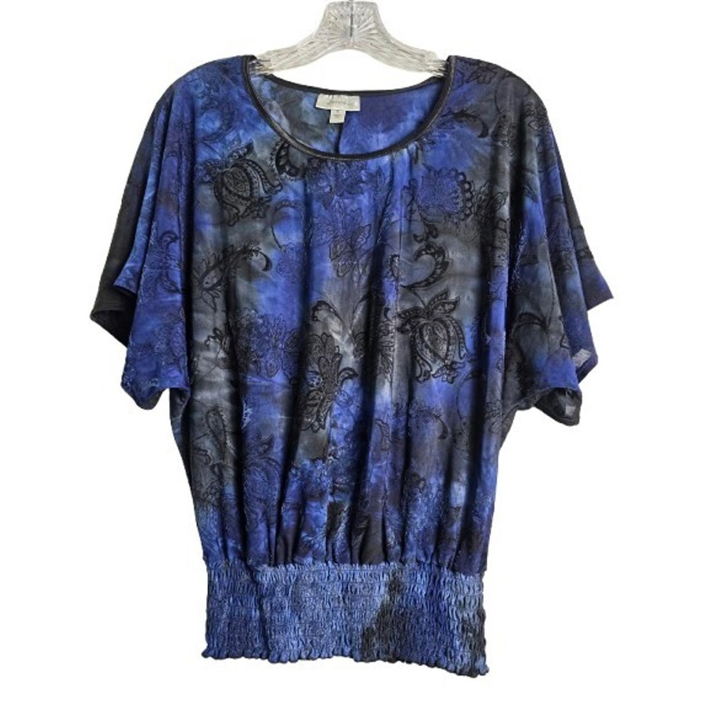 Dressbarn Womens Blue‎ Paisley Batik Print Short Sleeve Tunic Top Size S